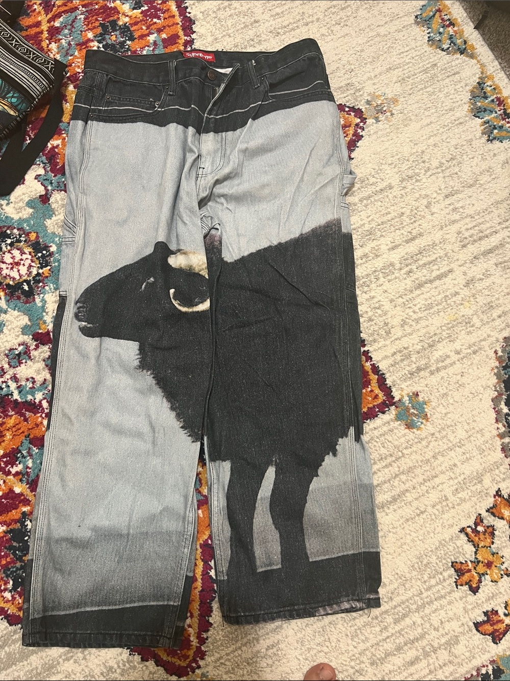 Supreme Black & Light Denim Two-Tone Jeans with Red Logo
